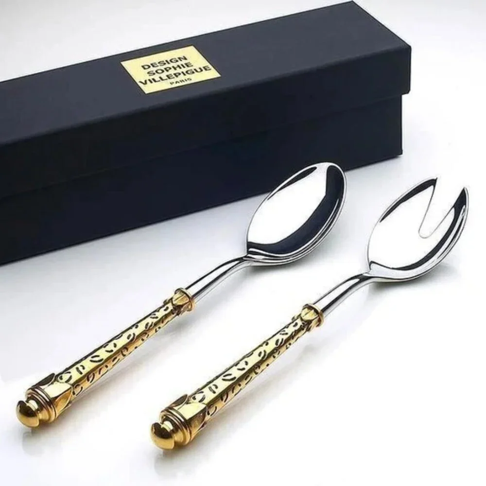 12 PC LOT French Silver Gold Plate Stainless Spoon Salad Cake Hostess Server SET